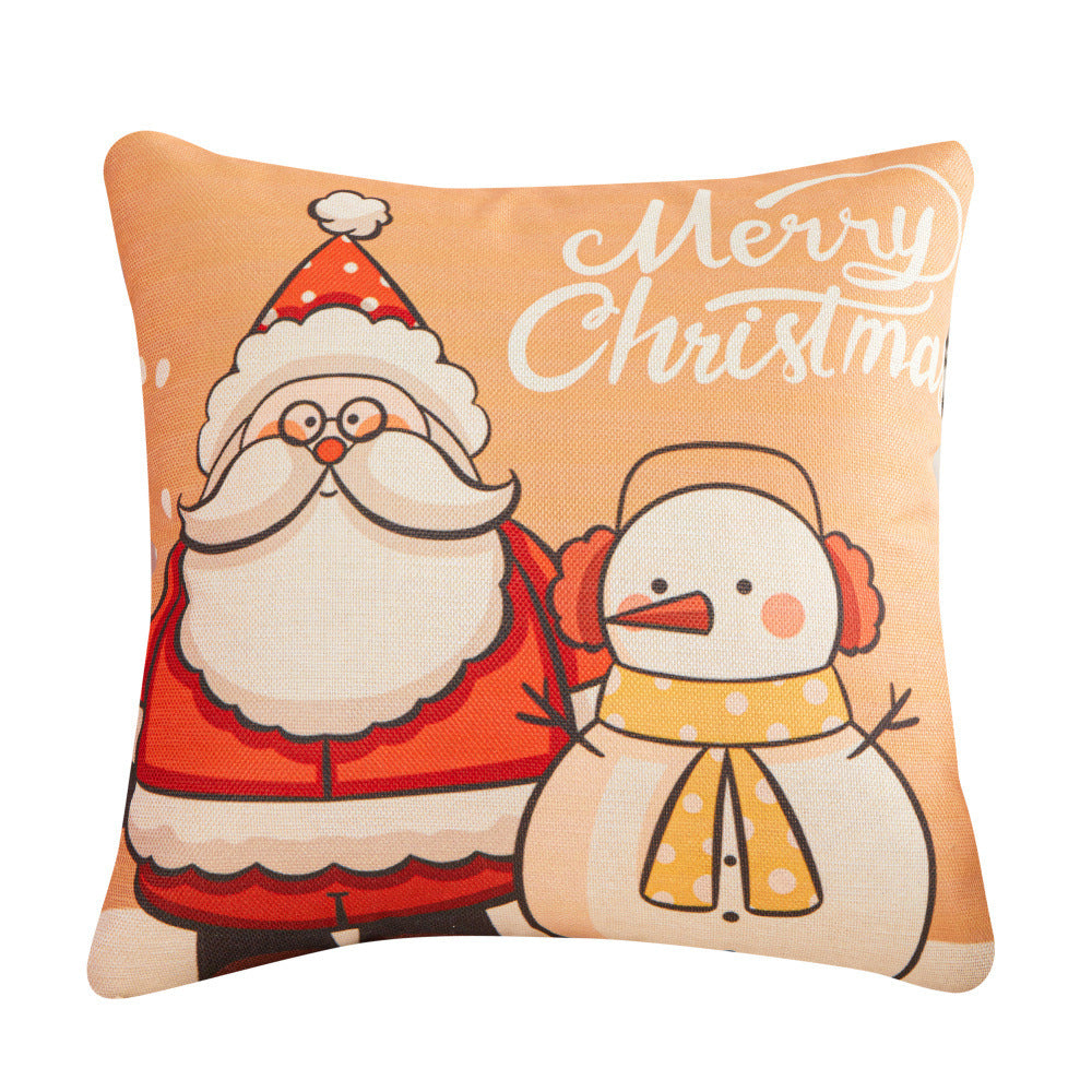 HKM-452755 Christmas Cartoon Santa Cushion Pillow Cover - 45x45cm Polyester Linen, Modern Design in Multiple Colors