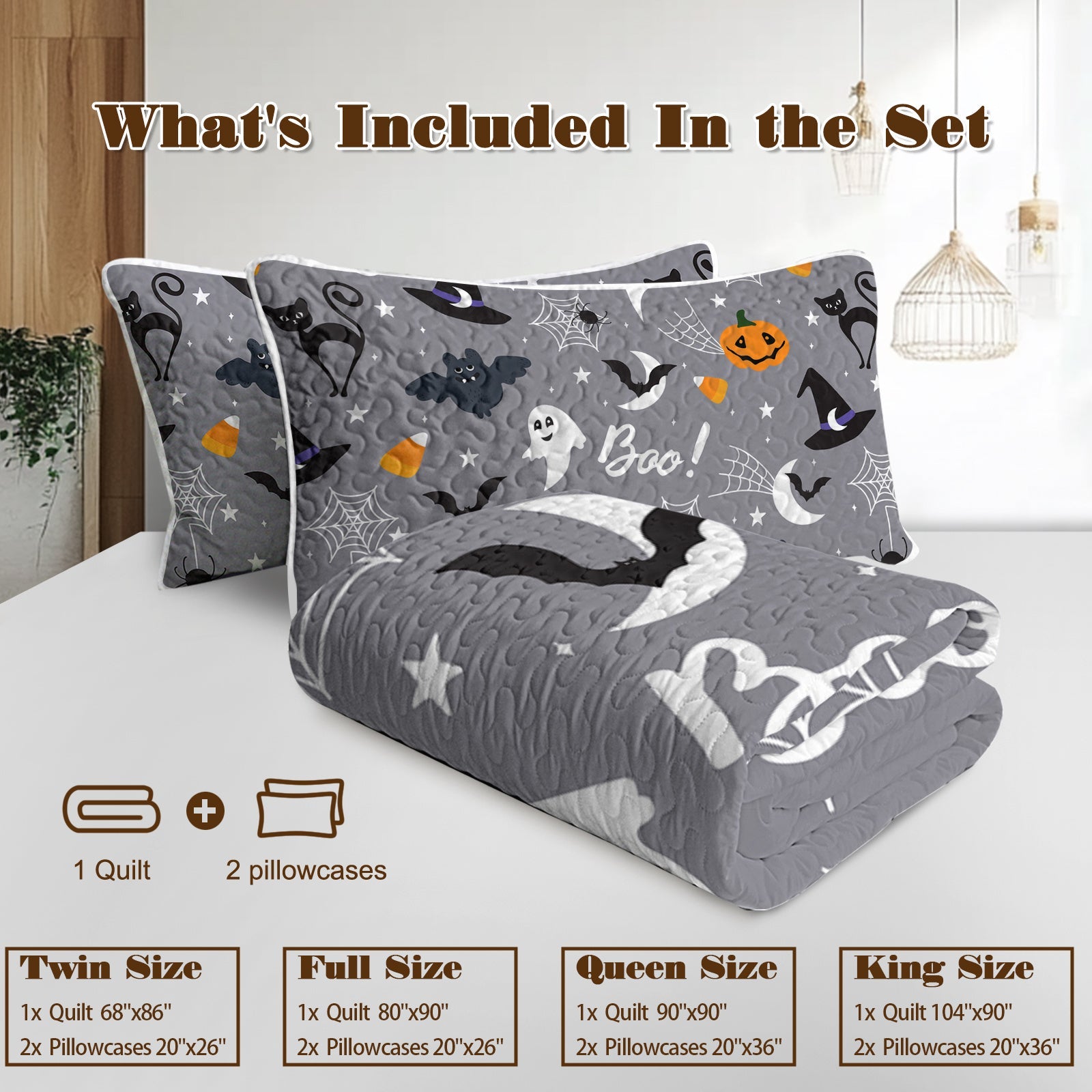 HKM-452947 Halloween Pumpkin Lightweight Comforter Set - 3pcs Coverlet with Pillowcases, Vibrant 3D Design, All Season Use