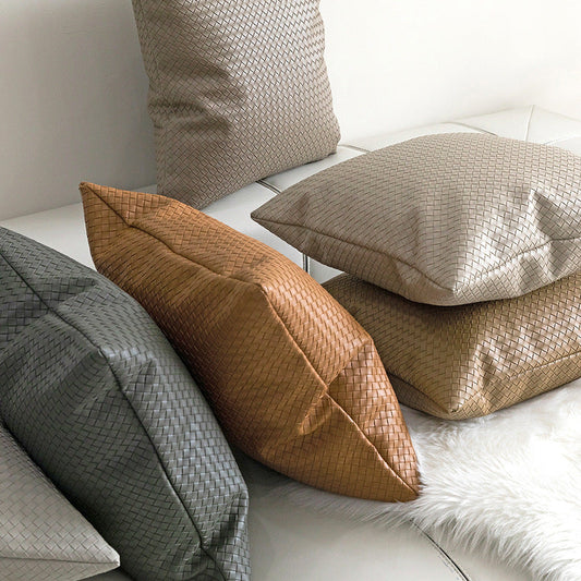 HKM-453075 Woven Textured PU Leather Throw Pillow Cover in Modern Style - 30x50cm & 45x45cm Sizes