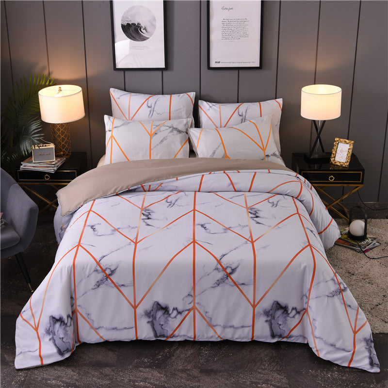 HKM-453267 Marbled Black and White Polyester Duvet Cover Set - Geometric Design, Various Sizes Available