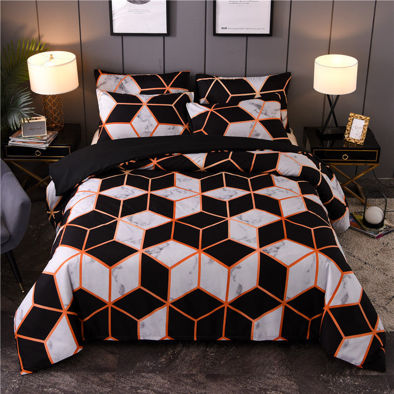 HKM-453267 Marbled Black and White Polyester Duvet Cover Set - Geometric Design, Various Sizes Available