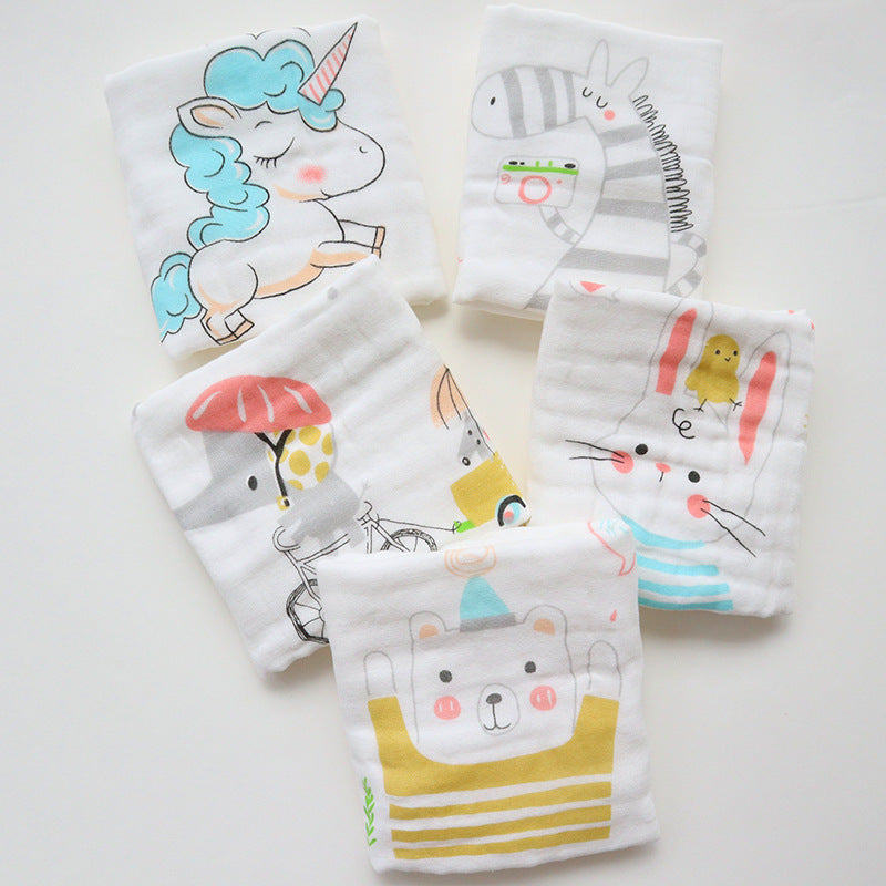 HKM-453523 6-Layer Embroidered Square Scarf Set for Babies and Toddlers, Cotton Saliva Towels in Various Designs