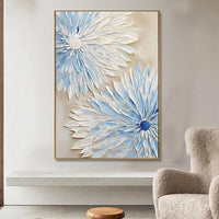HKM-454035 Hand-Painted Abstract Blue and White Flower Oil Painting on Canvas for Modern Home Decor