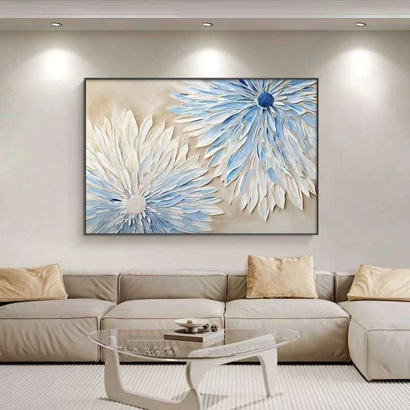 HKM-454035 Hand-Painted Abstract Blue and White Flower Oil Painting on Canvas for Modern Home Decor