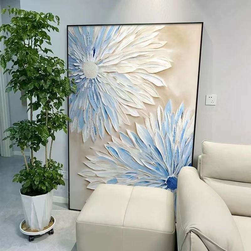 HKM-454035 Hand-Painted Abstract Blue and White Flower Oil Painting on Canvas for Modern Home Decor