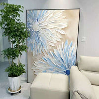 HKM-454035 Hand-Painted Abstract Blue and White Flower Oil Painting on Canvas for Modern Home Decor