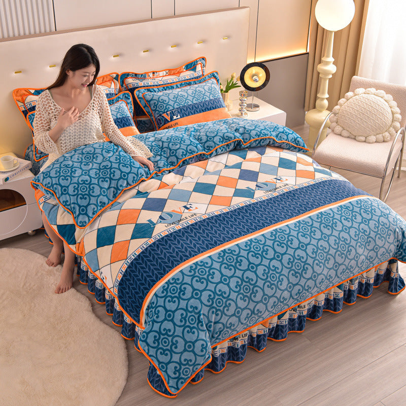 HKM-454099 Double-Sided Extra Thick Milk Fiber Landscape Bedding Set - Four-Piece with Duvet Cover and Pillowcases