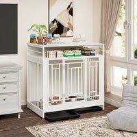 HKM-454099 Large Wooden Dog Kennel with Divider and Storage Drawers - 43.3 Inch Double Door Pet House for Medium to Large Dogs