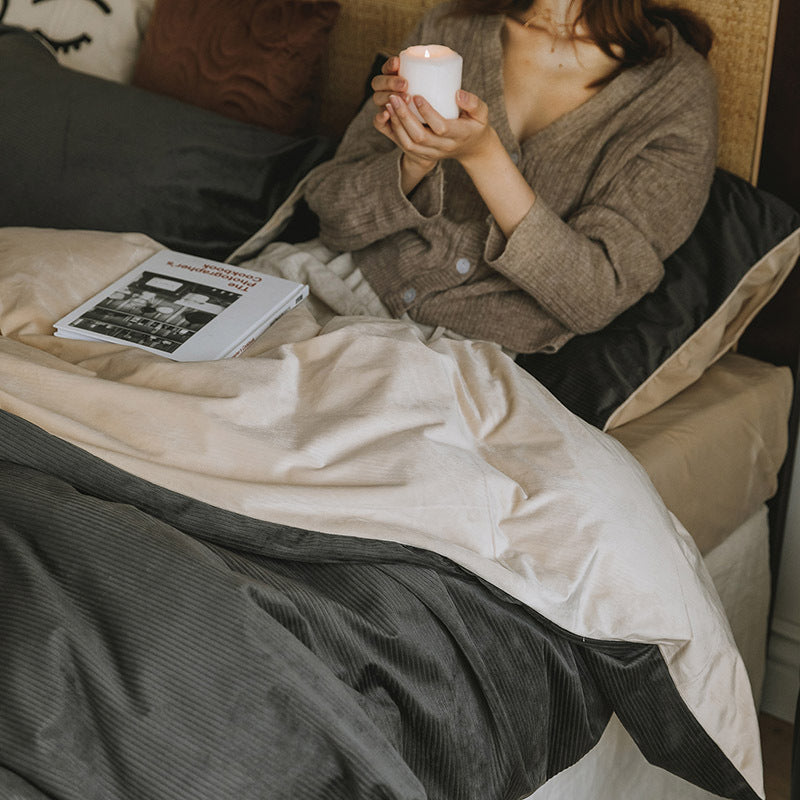 HKM-454419 Winter Milk Fleece Four-Piece Bedding Set - Cozy Heat-Storing Quilt Cover, Sheets, and Pillowcases in Varied Colors