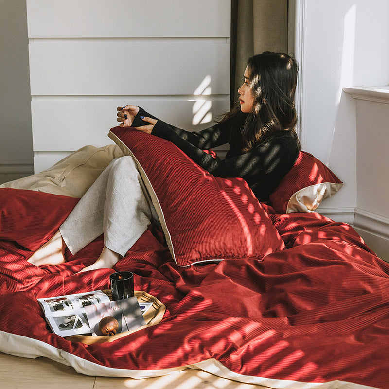 HKM-454419 Winter Milk Fleece Four-Piece Bedding Set - Cozy Heat-Storing Quilt Cover, Sheets, and Pillowcases in Varied Colors