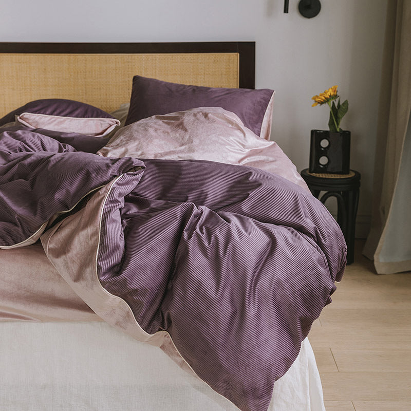 HKM-454419 Winter Milk Fleece Four-Piece Bedding Set - Cozy Heat-Storing Quilt Cover, Sheets, and Pillowcases in Varied Colors