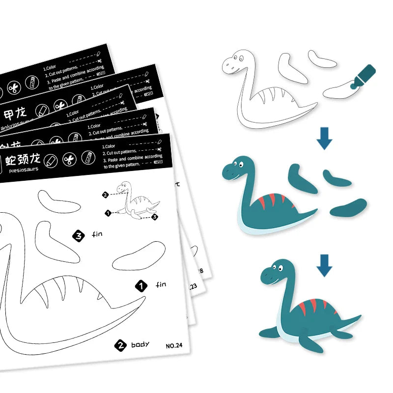 HKM-454675 Dinosaur Paper Cut Toy Set for Kids - Educational Coloring Activity for Ages 2-4