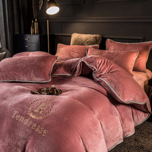 HKM-455251 Fleece Quilt Cover Bed Sheet Set - Modern Solid Colors, Multiple Sizes Available