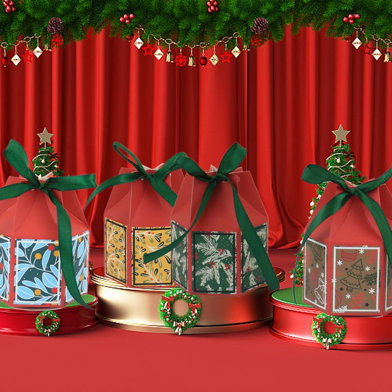 HKM-455379 20-Pack Christmas Treat Boxes with Ribbons in Festive Colors for Holiday Gifts and Party Favors