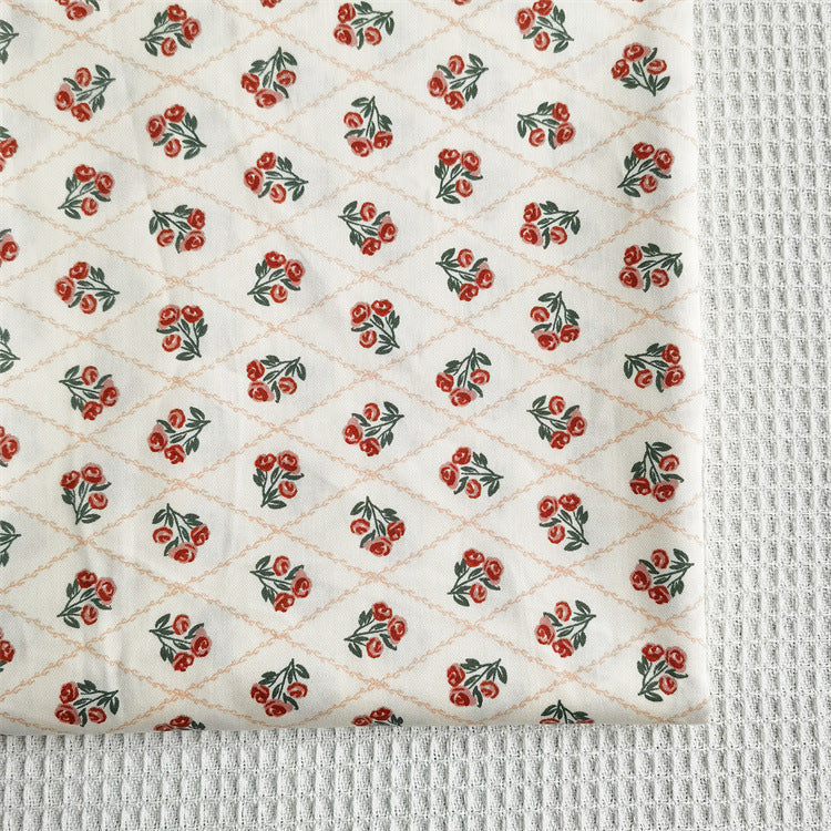 HKM-456083 Diagonal Lattice Small Rose Jujube Red Cotton Twill Fabric, 2.35m Wide, 10m Length, Regular Thickness