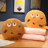 HKM-456211 Cookie Biscuit Plush Pillow and Blanket Set – Soft Polyester Fiber Cushion in Light Brown, Dark Brown, and Pink