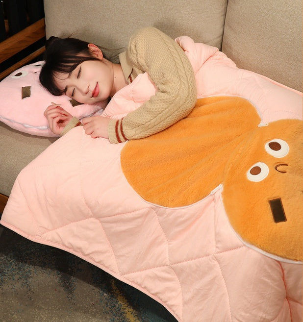 HKM-456211 Cookie Biscuit Plush Pillow and Blanket Set – Soft Polyester Fiber Cushion in Light Brown, Dark Brown, and Pink