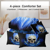 HKM-456403 3D Skeleton Printed 4-Piece Comforter Set with Shams and Cushion Cover, Black, Queen Size