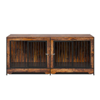 HKM-456915 Extra Large Wooden Dog Crate Furniture with Divider and Dual Doors for Two Dogs, Ideal for Medium to Large Breeds, Brown