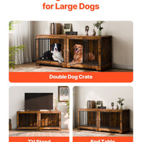 HKM-456915 Extra Large Wooden Dog Crate Furniture with Divider and Dual Doors for Two Dogs, Ideal for Medium to Large Breeds, Brown