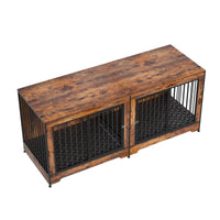 HKM-456915 Extra Large Wooden Dog Crate Furniture with Divider and Dual Doors for Two Dogs, Ideal for Medium to Large Breeds, Brown
