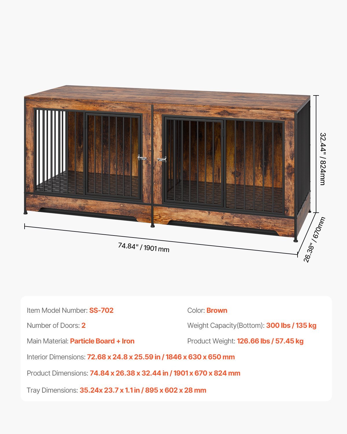 HKM-456915 Extra Large Wooden Dog Crate Furniture with Divider and Dual Doors for Two Dogs, Ideal for Medium to Large Breeds, Brown