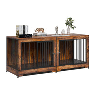 HKM-456915 Extra Large Wooden Dog Crate Furniture with Divider and Dual Doors for Two Dogs, Ideal for Medium to Large Breeds, Brown