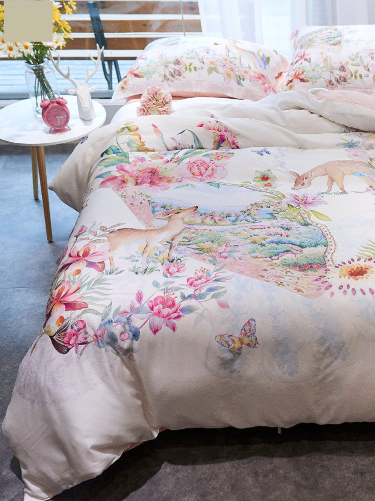 HKM-457555 Light Luxury Egyptian Long Staple Cotton Bed Set - Four Pieces, Pastoral Flower Print, Sizes for 1.5m to 2.0m Beds