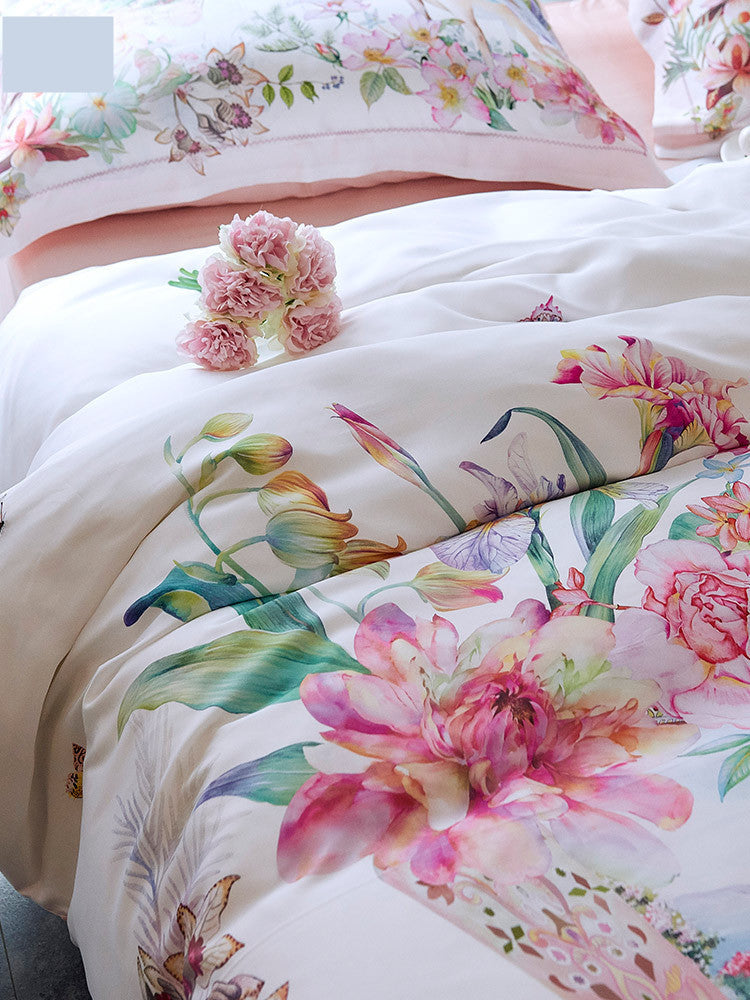 HKM-457555 Light Luxury Egyptian Long Staple Cotton Bed Set - Four Pieces, Pastoral Flower Print, Sizes for 1.5m to 2.0m Beds