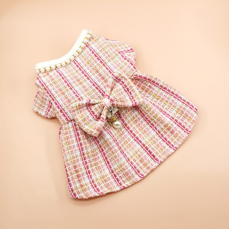 HKM-458003 Stylish Pink Pearl Collar Pet Clothing Set with Floral Headdress for Dogs and Cats