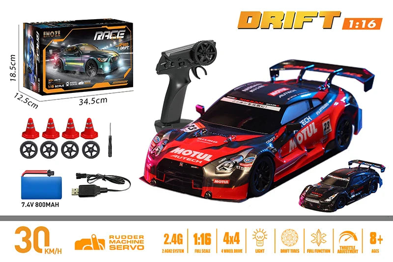 HKM-458515 1:16 RC Drift Car 4WD Electric, Ready-to-Go, 30+ KM/H Speed, Indoor-Outdoor Use