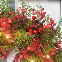 HKM-459155 LED Artificial Cherry Wreath for Red Door Wall Decoration - 45CM Eucalyptus Garland