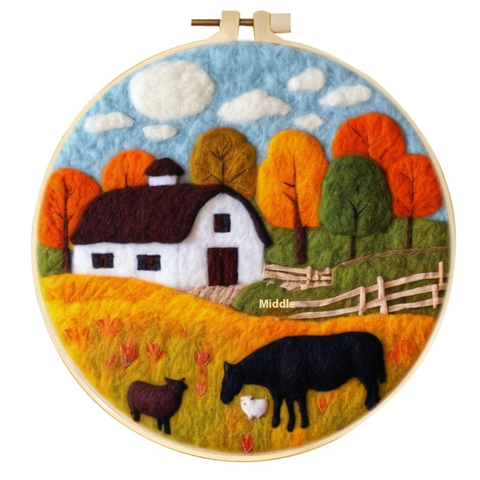 HKM-459795 Wool Felt Needle Painting Kit with Embroidery Frame – Flower and Leaf Patterns