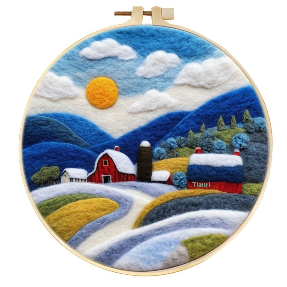 HKM-459795 Wool Felt Needle Painting Kit with Embroidery Frame – Flower and Leaf Patterns