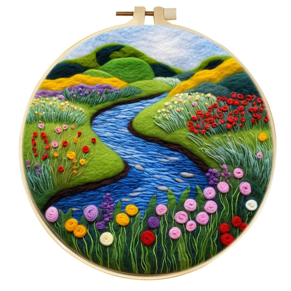 HKM-459795 Wool Felt Needle Painting Kit with Embroidery Frame – Flower and Leaf Patterns