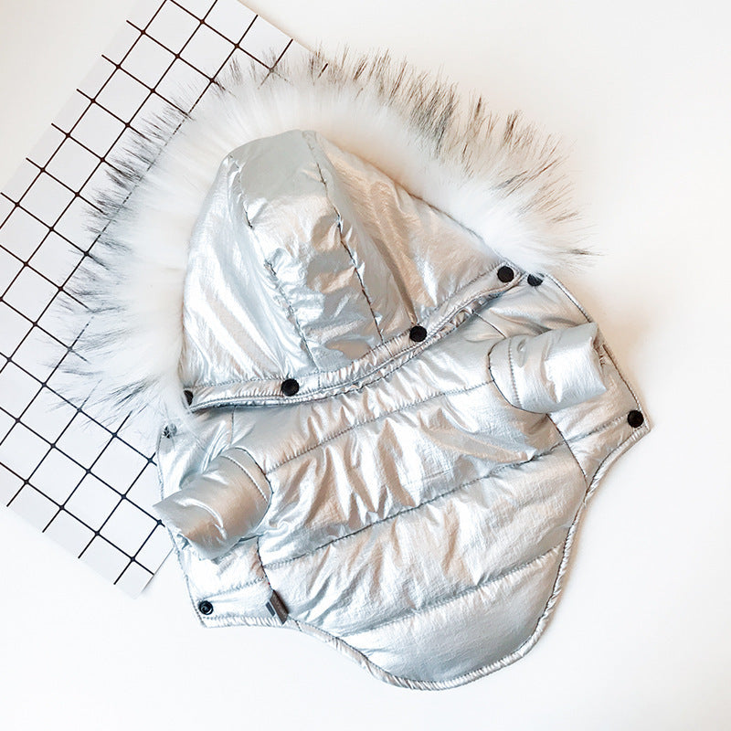 HKM-460371 Thick Cotton Dog Jacket with Large Fur Collar in Bright Gold and Silver