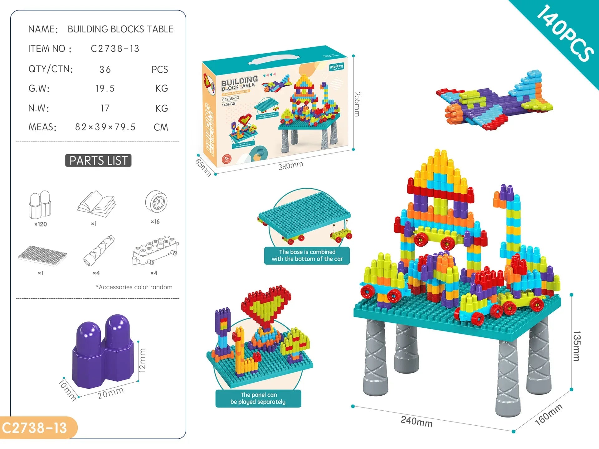 KTX-460691 Multifunctional Kids Building Blocks Table Set with 140 Pieces for Creative Play