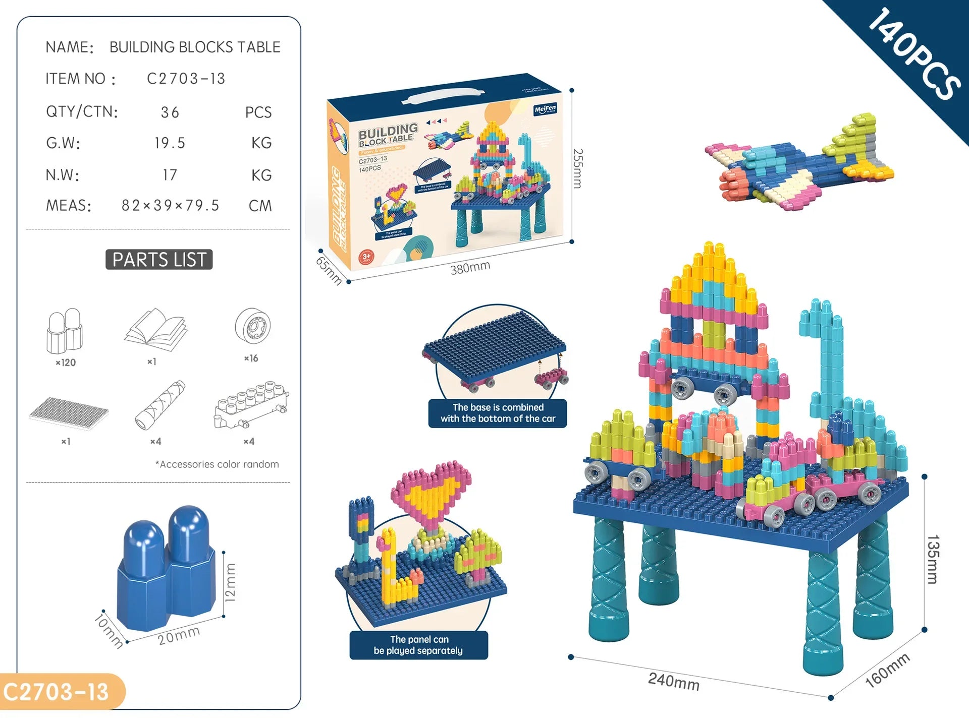 KTX-460691 Multifunctional Kids Building Blocks Table Set with 140 Pieces for Creative Play