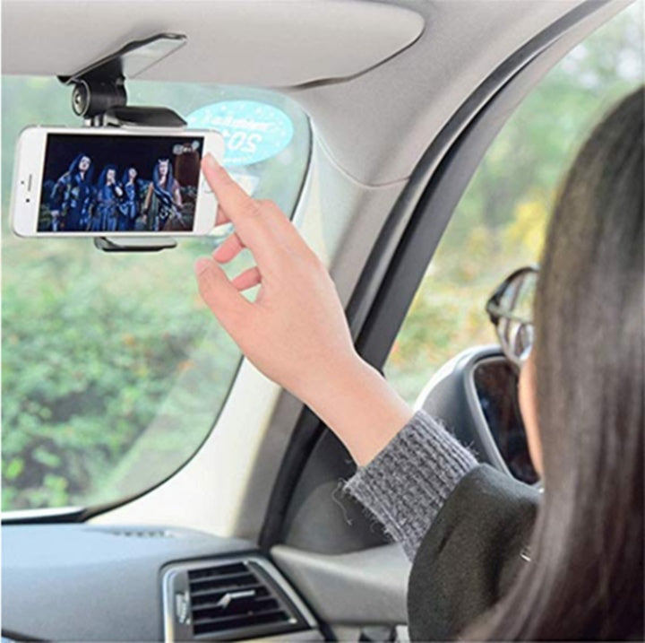 HKM-461075 Car Sun Visor Phone Mount for Universal Mobile Phones - ABS, Pure Black, Adjustable 35-90MM Clip