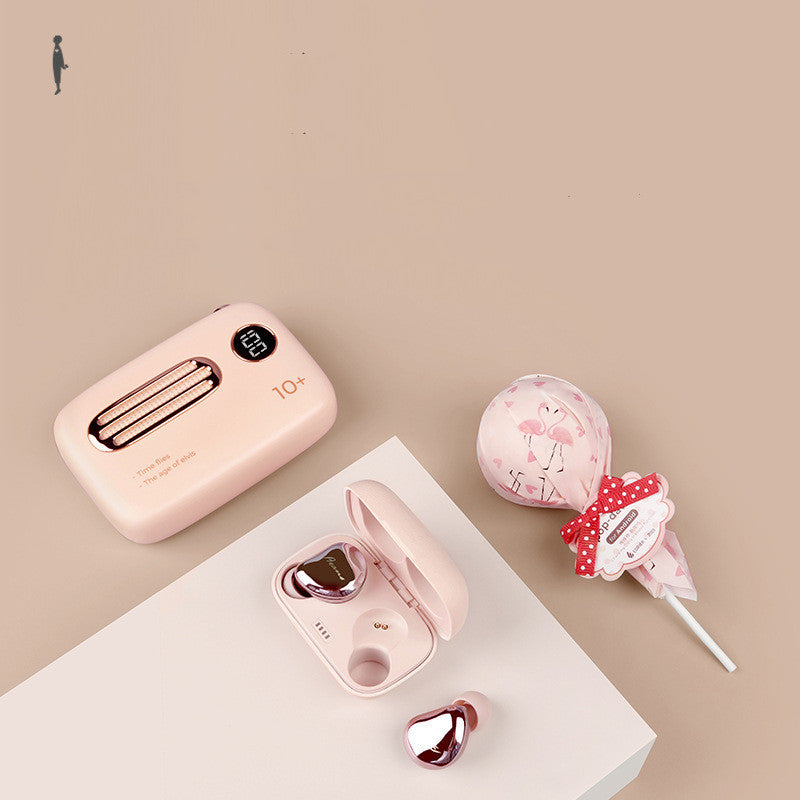 HKM-462291 Light Cherry Pink & Retro Green Bluetooth Earbuds with Power Bank and Data Cable - Bluetooth 5.0, 10m Range, Stereo Sound