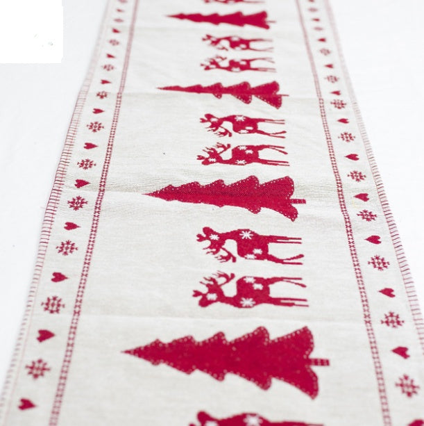 HKM-462611 Christmas Elk and Snowman Cotton Linen Table Runner, 35x180cm Holiday Decoration