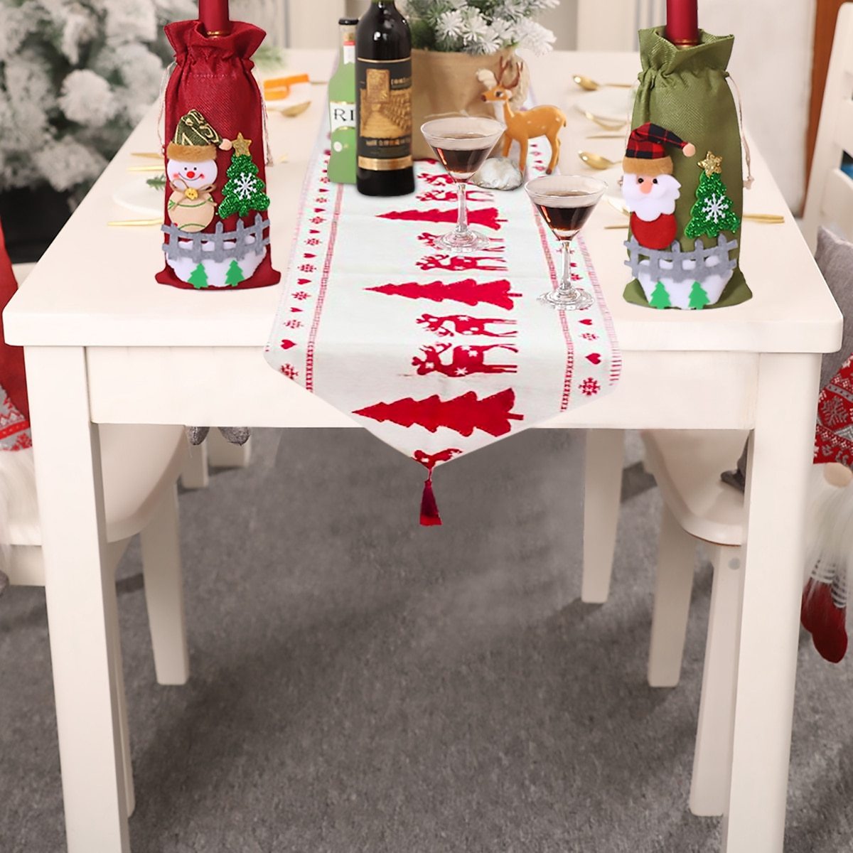 HKM-462611 Christmas Elk and Snowman Cotton Linen Table Runner, 35x180cm Holiday Decoration