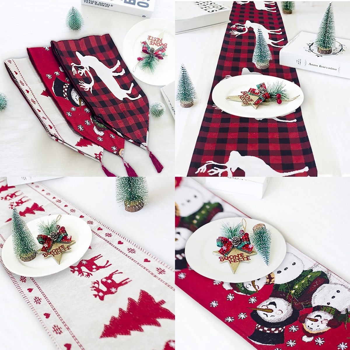 HKM-462611 Christmas Elk and Snowman Cotton Linen Table Runner, 35x180cm Holiday Decoration