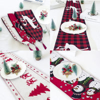 HKM-462611 Christmas Elk and Snowman Cotton Linen Table Runner, 35x180cm Holiday Decoration
