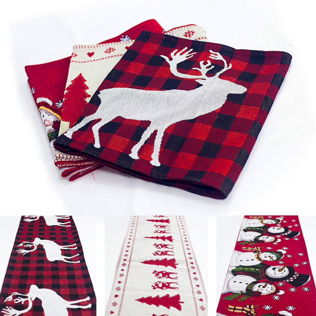 HKM-462611 Christmas Elk and Snowman Cotton Linen Table Runner, 35x180cm Holiday Decoration