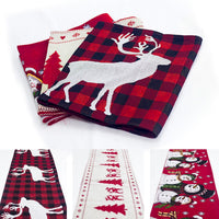 HKM-462611 Christmas Elk and Snowman Cotton Linen Table Runner, 35x180cm Holiday Decoration