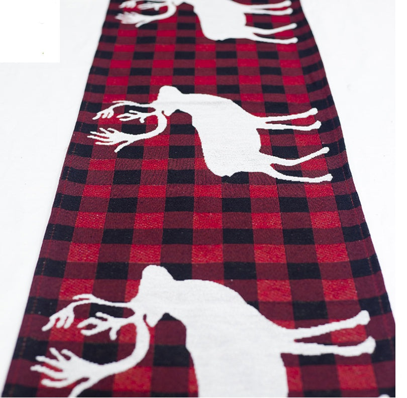 HKM-462611 Christmas Elk and Snowman Cotton Linen Table Runner, 35x180cm Holiday Decoration