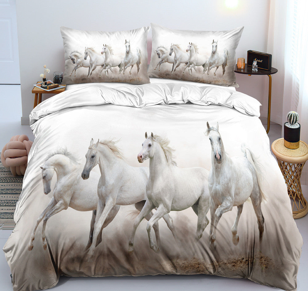 HKM-462995 Customizable 3D Digital Horse Pattern Bedding Set - Three or Four-Piece Polyester Collection for 2.0m Beds