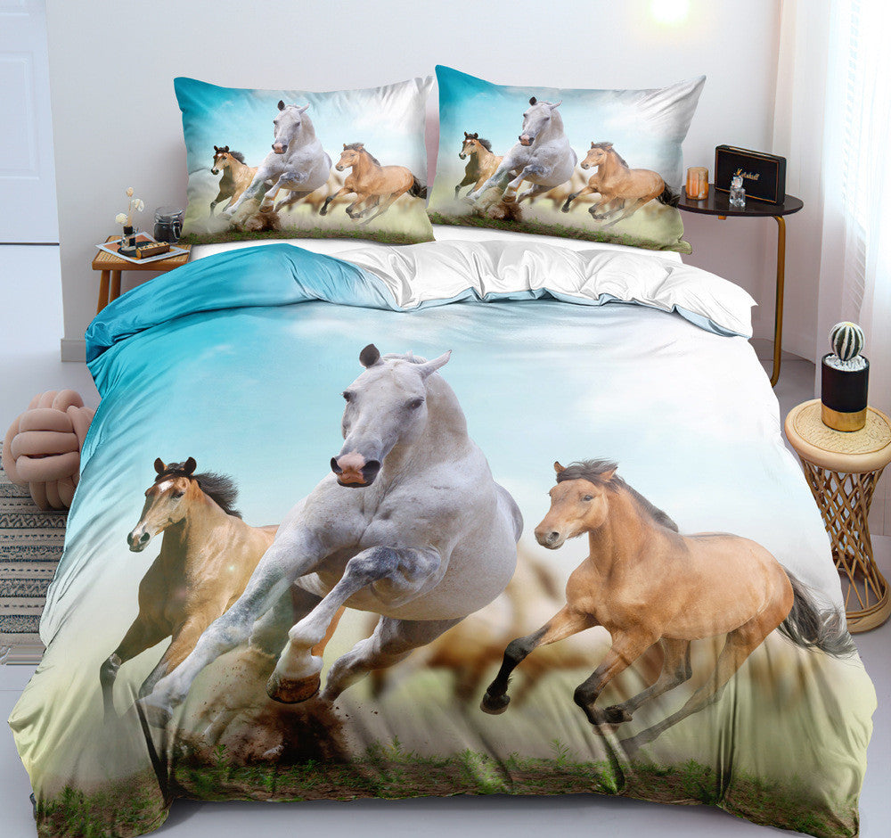 HKM-462995 Customizable 3D Digital Horse Pattern Bedding Set - Three or Four-Piece Polyester Collection for 2.0m Beds