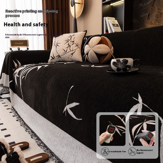 HKM-462995 Modern Chenille Sofa Cover with Plant and Flower Pattern in Gray and Black